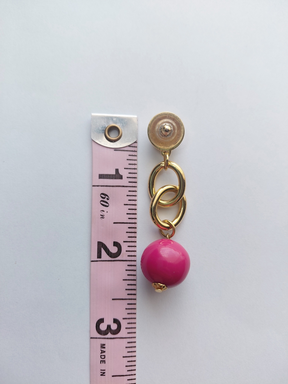 Vintage Bright Pink Bead and Gold Tone Link Dangle Drop 2.5" Earrings - Picture 5 of 5
